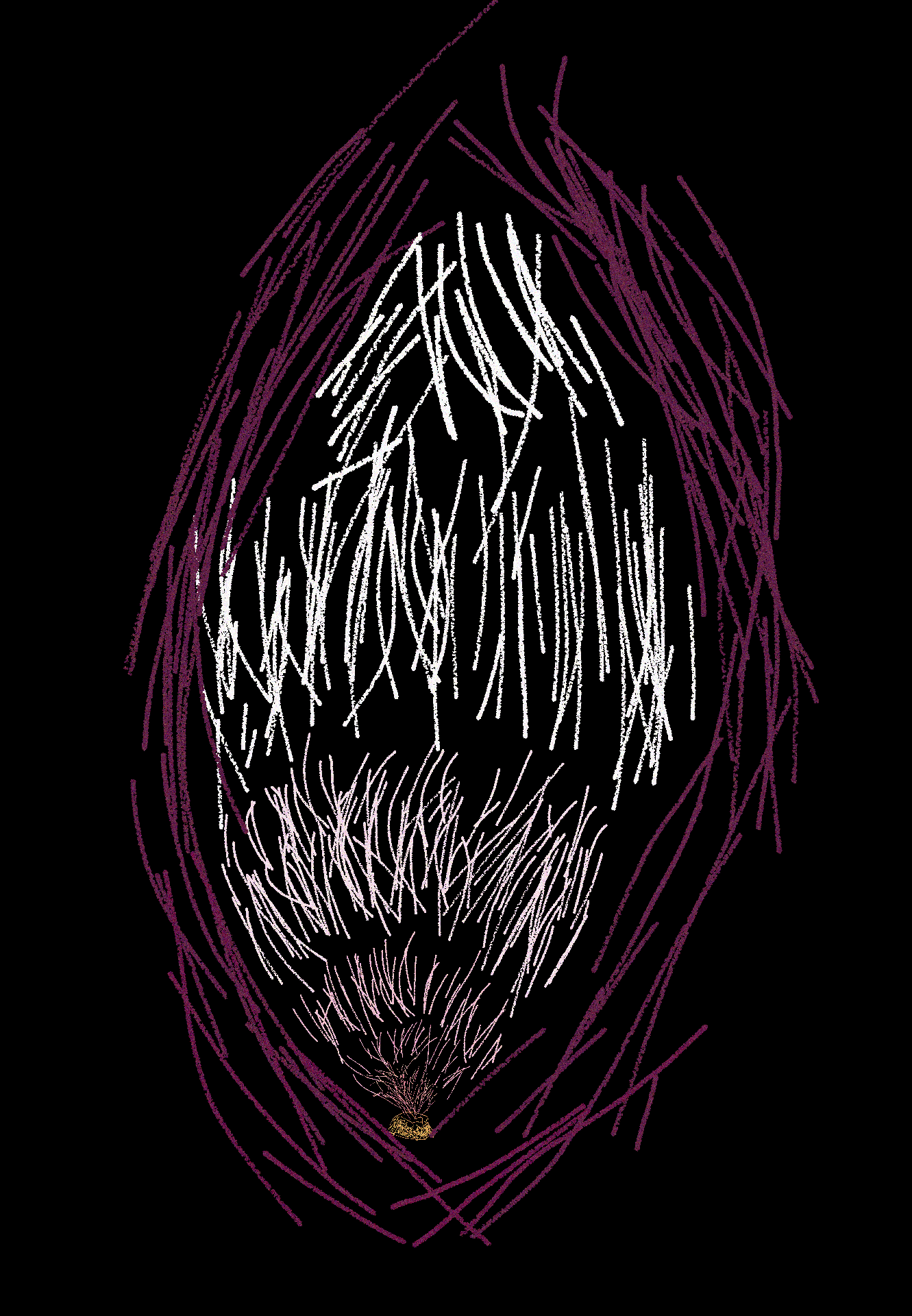 A scrawly doodle of an scratchy ellipsoid with a little yellow thing in the bottom, and waves of increasingly white lines flowing out from it towards the top and getting bigger.