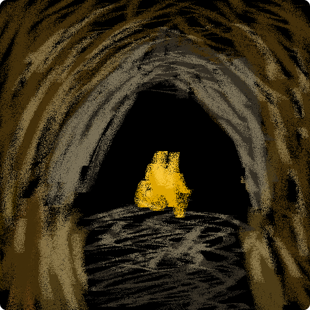A doodle of a cave with a fire in it.