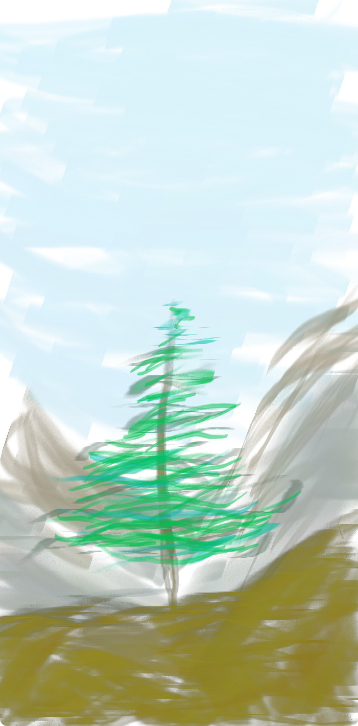 A doodle of a tree on a montain side, with further mountains and clouds behind the tree